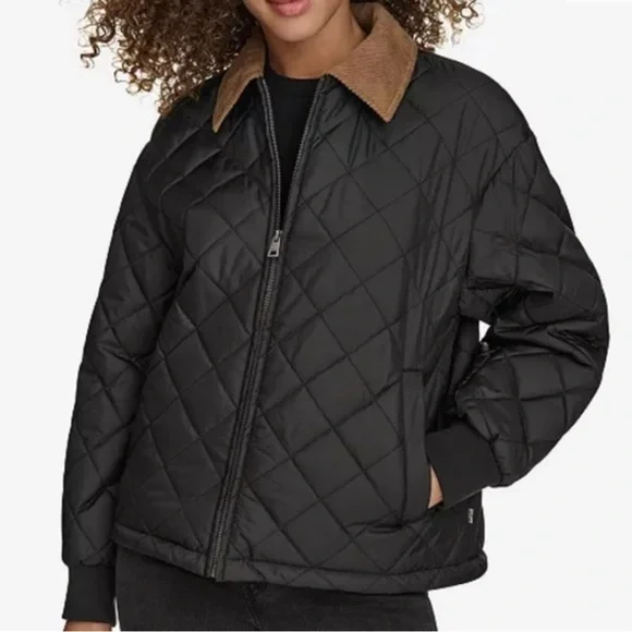 Levi's Black Quilted Bomber Jacket with Brown Corduroy Collar Size Small NWT - Picture 1 of 6